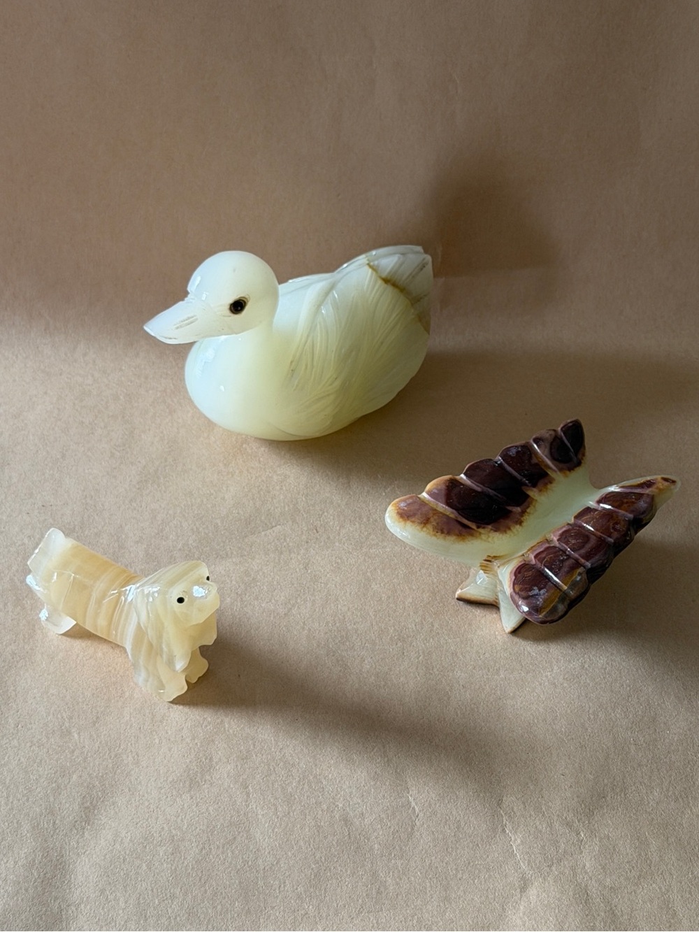 Set of 3 Onyx Animal Figurines – Dog, Duck, Butterfly Set – mid-Century Decor